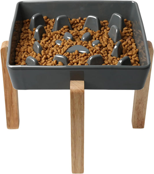 GDCZ Dog Slow Feeder Bowls, Square Ceramic Pet Food Bowl for Medium Breed, Fun Dog Bowls to Slow Down Eating (Grey, M-1.8 Cups+Stand)