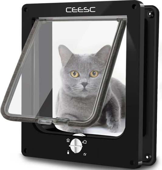 CEESC Large Cat Door for Interior/Exterior Door, Weatherproof, Black, Rotary 4 Way Locking Pet Door for Cats & Dogs with Circumference < 23.62", Upgraded Version
