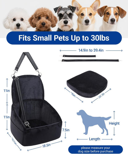 Dog Car Seat for Small Medium Dogs, Pet Booster Seat with Extendable Backrest, Pet Portable Car Seats up to 30 lbs, Washable Travel Bed with Storage Pockets and 2 Safety Leashes, Black