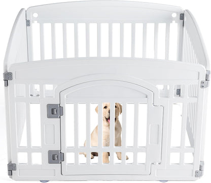 Sweetcrispy Plastic Dog Playpen - 4-Panel 24" Expandable & Durable Pet Fence for Medium Dogs - Indoor & Outdoor Portable Puppy Playpen with Secure Locking Door, White