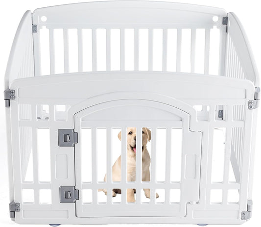 Sweetcrispy Plastic Dog Playpen - 4-Panel 24" Expandable & Durable Pet Fence for Medium Dogs - Indoor & Outdoor Portable Puppy Playpen with Secure Locking Door, White