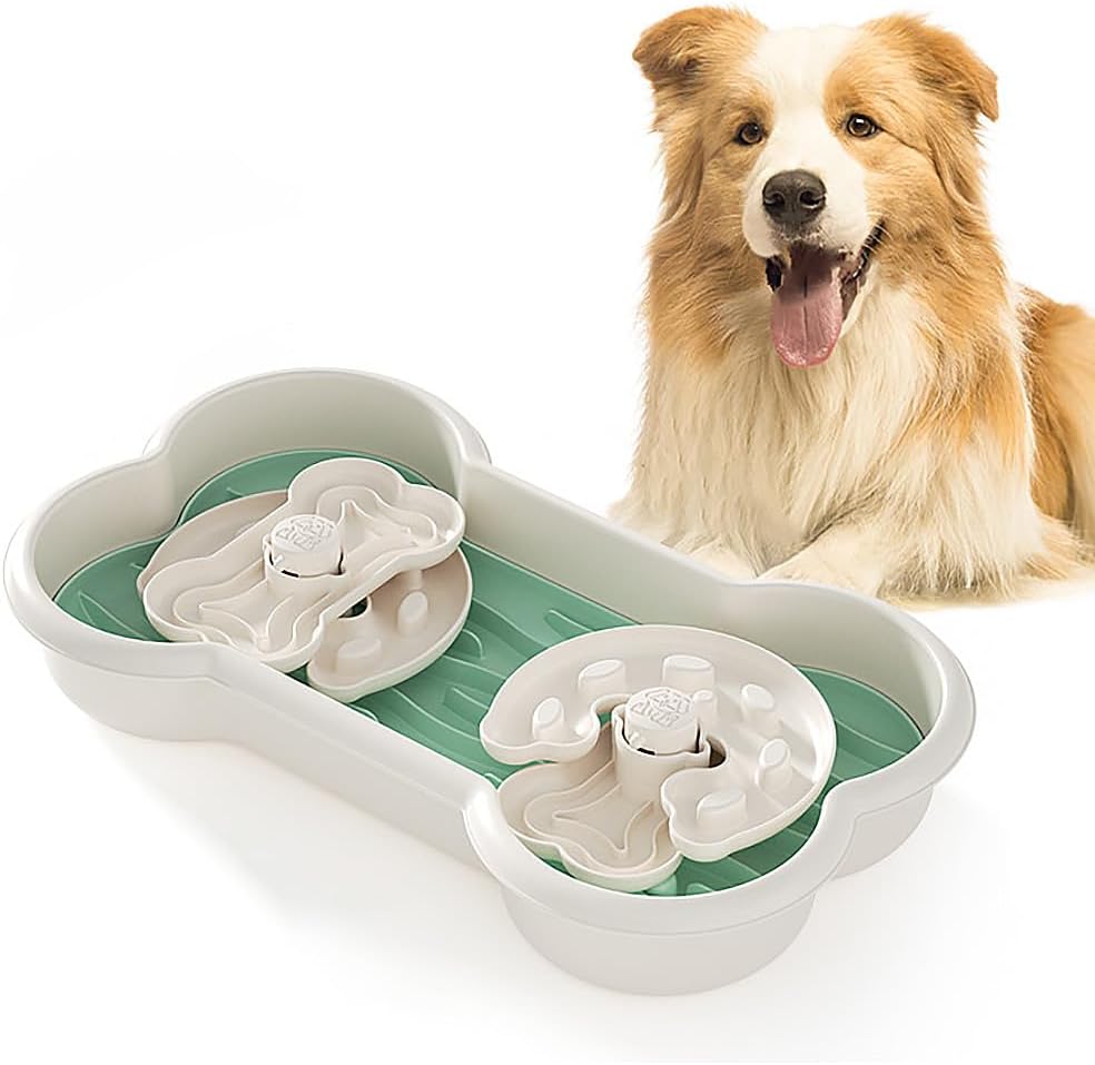 Slow Feeder Dog Bowl for Large Dogs with Non-Slip Base - Adjustable Speed Design, Removable Puzzle Inserts & Dishwasher Safe, Green