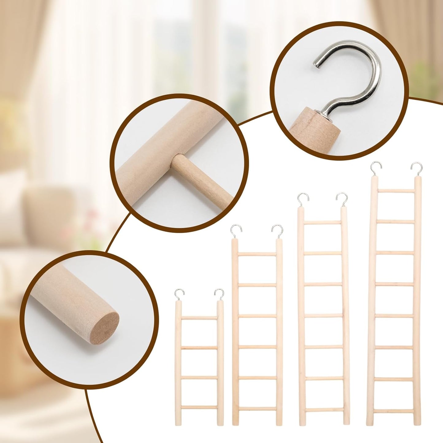 4 PCS Bird Ladder for Cage, Small Wooden Ladder Parrot Toy - Natural Chewable Bird Supplies for Parakeets, Cockatiels, Lovebirds - Easy to Install Perch Accessory（4,6,7,8 Tier）