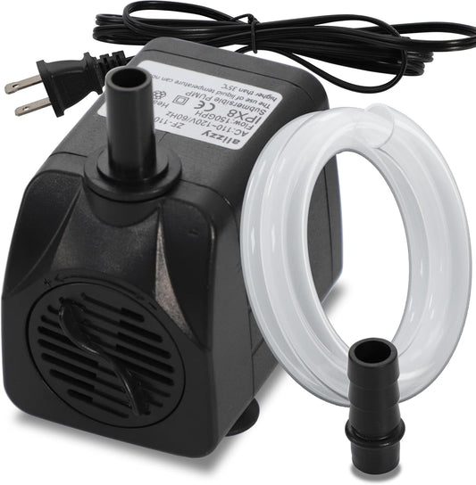 alizzy 150GPH Small Submersible Water Pump(570L/H, 10w), Ultra Quiet Fountain Pump with Tubing for Aquarium, Fish Tank, Pond Fountain, Water Feature, and Hydroponics