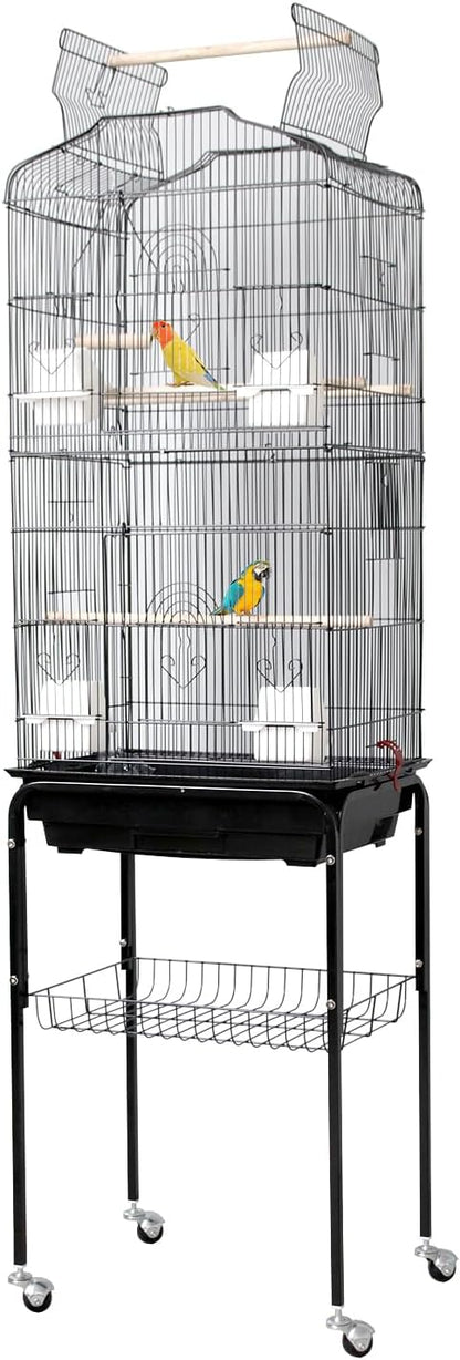 Large Wrought Iron Bird Cage with Open Play Top – 65.5 Inch Flight Cage for Parrots, Conures, Cockatiels, Lovebirds, Parakeets, Budgies – Heavy-Duty Detachable Rolling Stand & Storage Shelf – Black