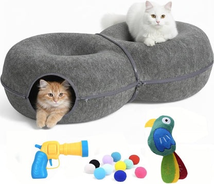 Trivon Peekaboo Cat Cave & Tunnel Bed for Large Cats up to 45lbs, Cozy Indoor 8-Shaped Donut Hideaway Bed with 12 Toy Balls, Bonus Bird Toy and Toy Gun, Scratch-Resistant, Detachable & Washable Design