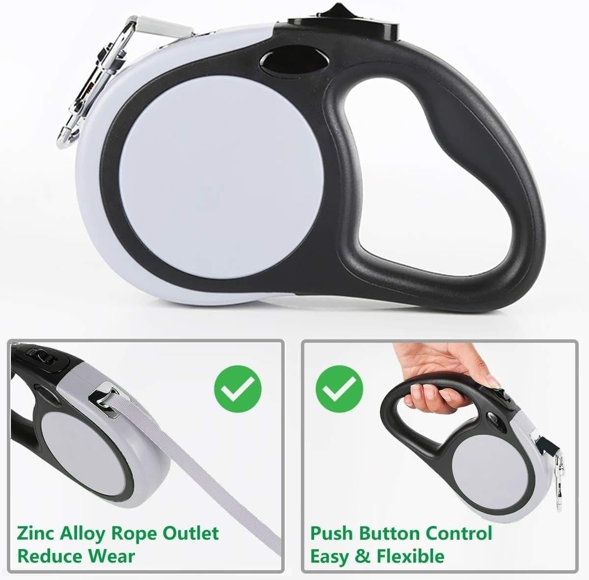 Dual Retractable Dog Leash for 2 Large Dogs (Up to 110 Lbs Each) - Double Headed 16 ft Extendable Pet Leash with Poop Bags, Non Slip Grip - One Button Break & Lock, 360 Tangle-Free (Gray, Large)