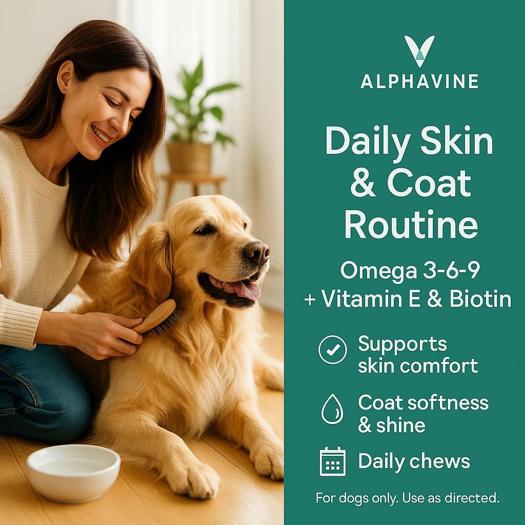 Skin & Coat Chews for Dogs, Salmon Flavor — 100 Soft Chews — Omega 3 6 9 from Fish Oil and Wild Alaskan Salmon Oil with Vitamin E and Biotin — Helps Maintain Healthy Skin and a Shiny Coat — AlphaVine