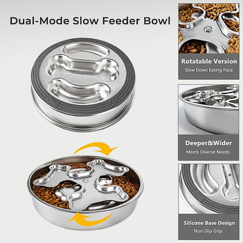 Stainless Steel Rotating Bone-Shaped Slow Food Bowl, 304 Grade Anti-Spill Pet Feeder for Dogs and Cats