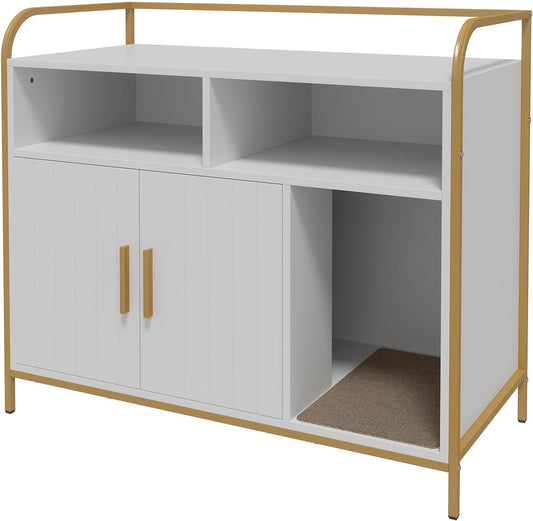 Modern Cat Litter Box Enclosure Side Table with Metal Frame, Hidden Litter Cabinet & Dual Storage Shelves, Indoor Cat House Furniture for Living Room & Bedroom, White