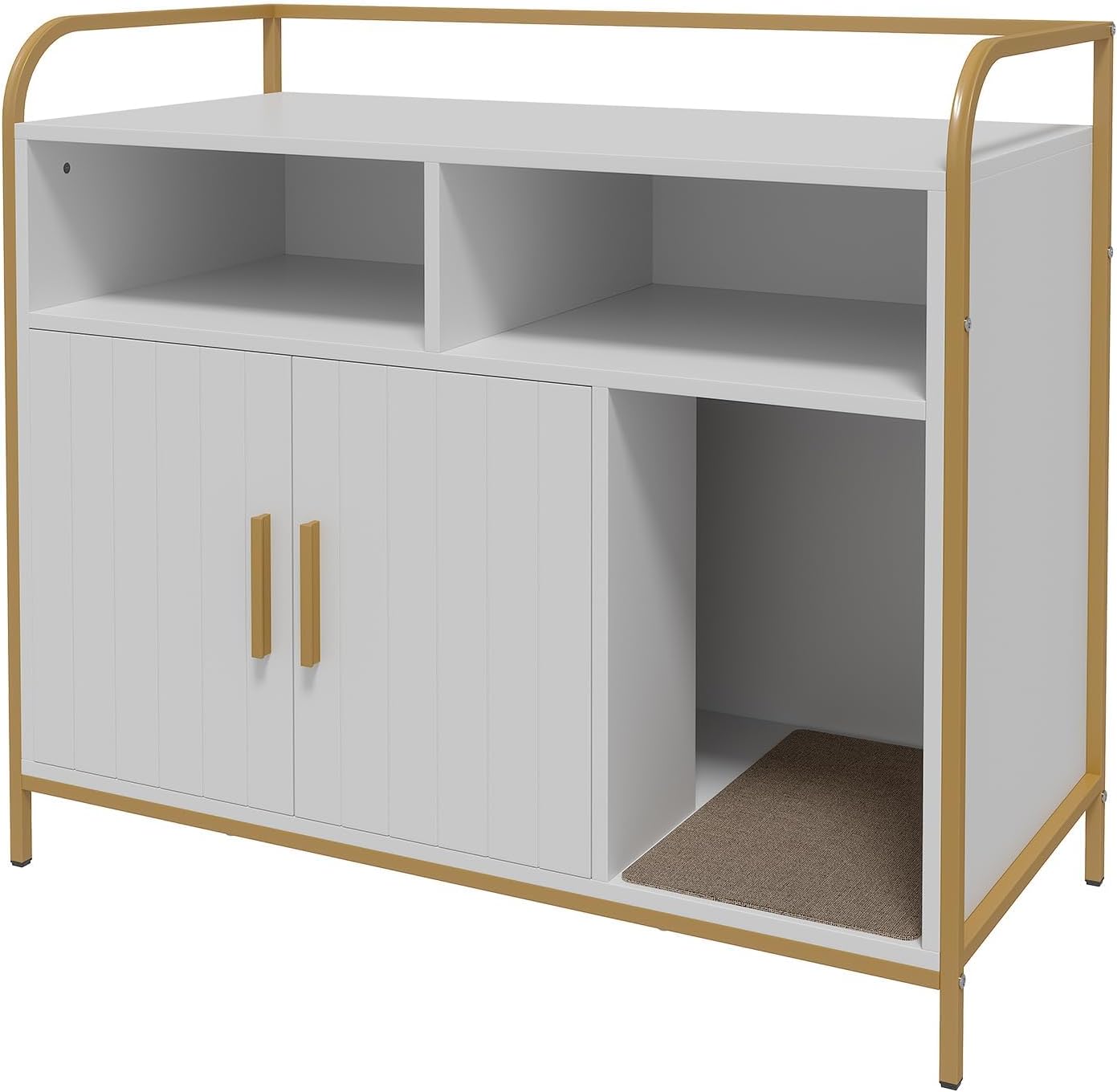 Modern Cat Litter Box Enclosure Side Table with Metal Frame, Hidden Litter Cabinet & Dual Storage Shelves, Indoor Cat House Furniture for Living Room & Bedroom, White