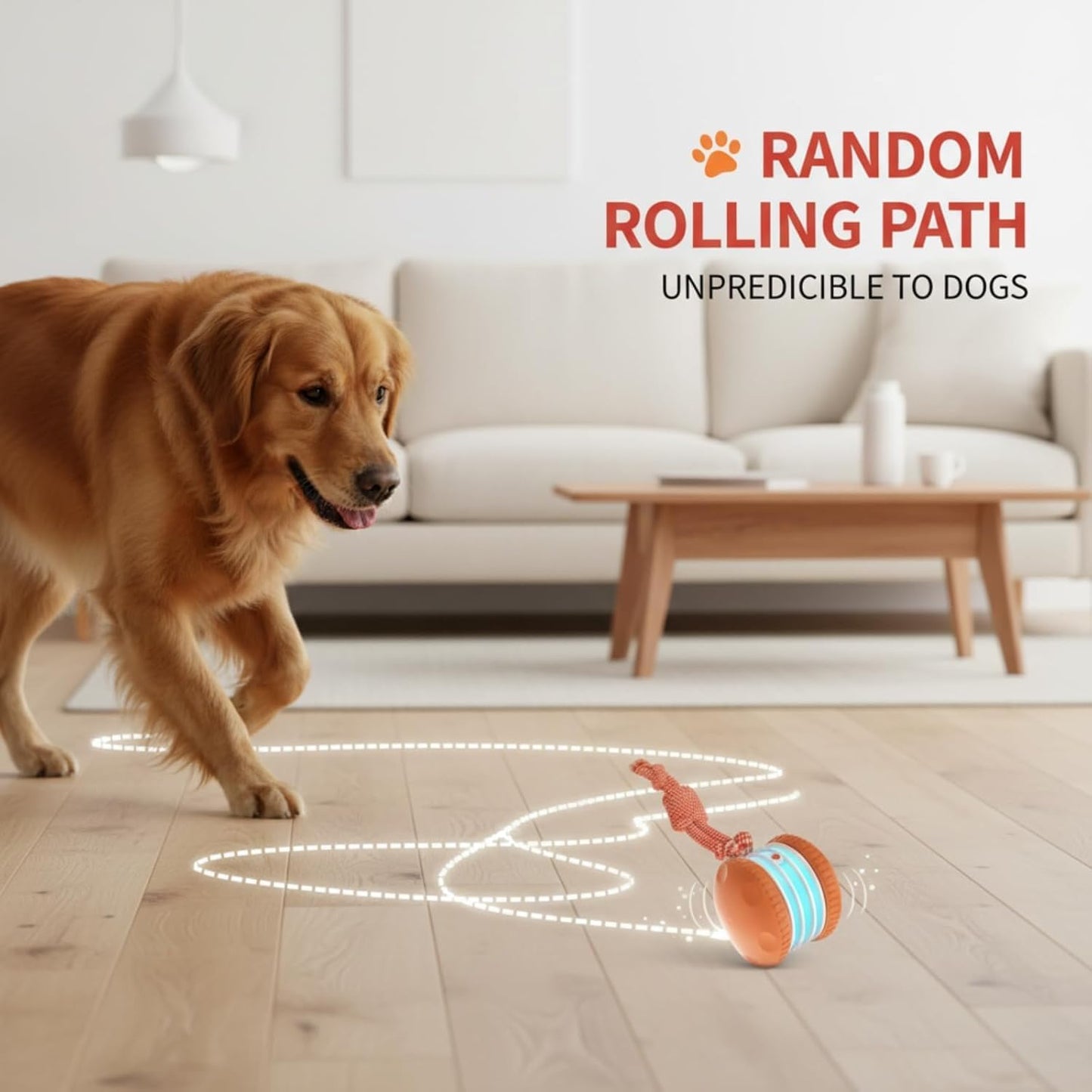 Interactive Dog Toy, Automatic Electric Rolling Ball with Rope, Random Movement, 2 Modes, Rechargeable, Interactive Dog Ball Toy for All Dog and Cat Size, Ideal for Boredom Relief (Orange)