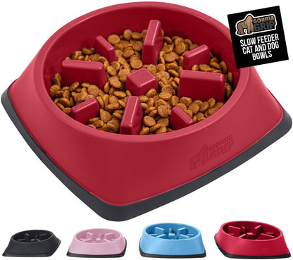 GORILLA GRIP Patent Pending Slow Feeder Dog Bowls, Interactive Puzzle Toy for Dogs and Cats Food Training, Keeps Pets Busy and Prevents Puppy Overeating, All Breeds, 100% BPA Free, 2 Cup, Red