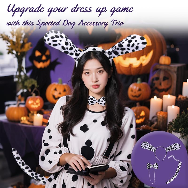 Spottted Dog Costume Dog Ear Haedband Tail Bowtie Set Animal Cosplay Accessories for Halloween Cosplay Party Photo Props Puppy Hairband Kit DIY Dress Up Party Doggie Costume Accessories