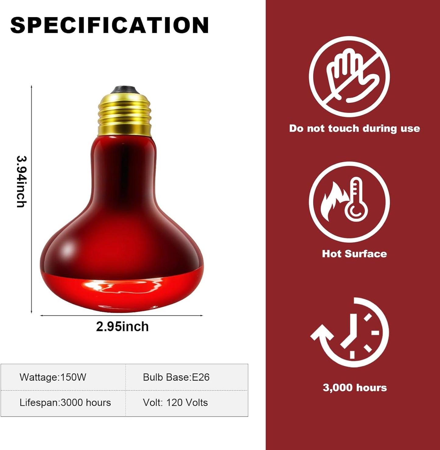 MIXJOY 150W Infrared Heat Lamp Bulbs, 2 Pack Reptile Infrared Heat Emitter Red Heat Lamp Bulbs Infrared Basking Light Bulbs for Reptiles, Bearded Dragon, Lizard, Tortoise, Chickens, Pets