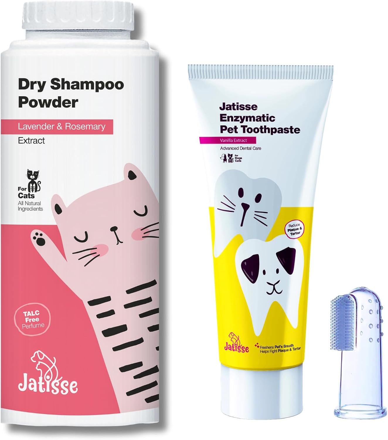 Cat Dry Shampoo Powder with Lavender and Rosemary and Enzymatic Pet Toothpaste | Cat Tooth Brushing Kit | Cat & Dog Dental Care