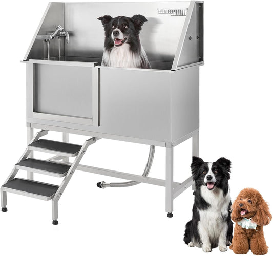 62" Pet Dog Bathing Station with Ramp, Professional Stainless Steel Dog Grooming Tub with Soap Box, Faucet, Dog Bathtub for Large,Medium,Small Pets, Washing Sink for Home