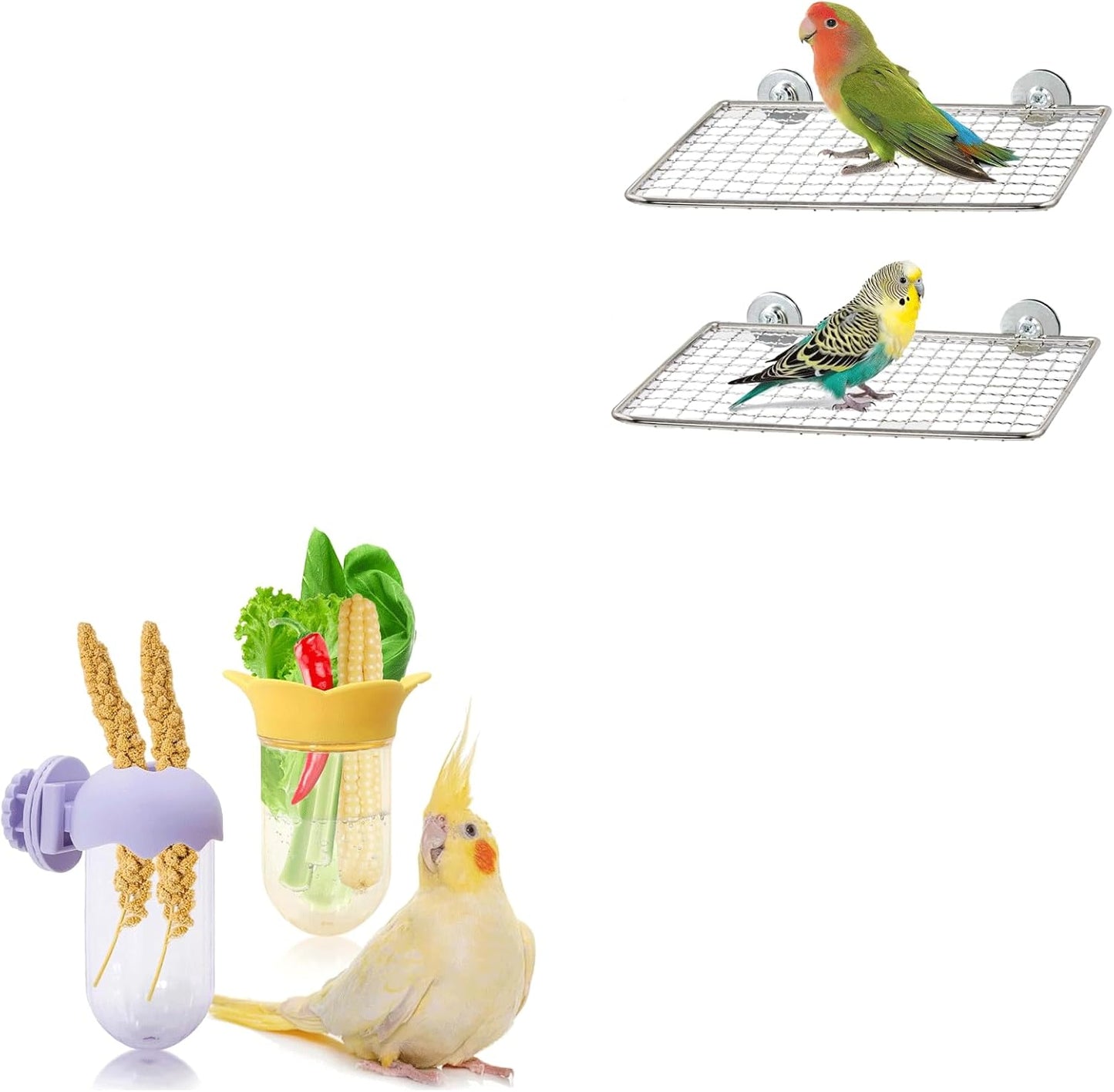 Stainless Steel Bird Perches & Feeder Set (2PCS) - Open-Grid Easy-Clean Perches with No-Spill Veggie Holders for Cockatiel, Conure, Budgie, Quaker