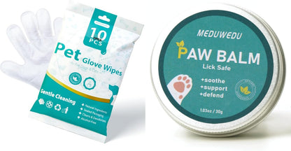 No-Rinse Pet Glove Wipes 10 Count + [2-Pack] Dog Paw Balm 30g | Pet Grooming Bundle