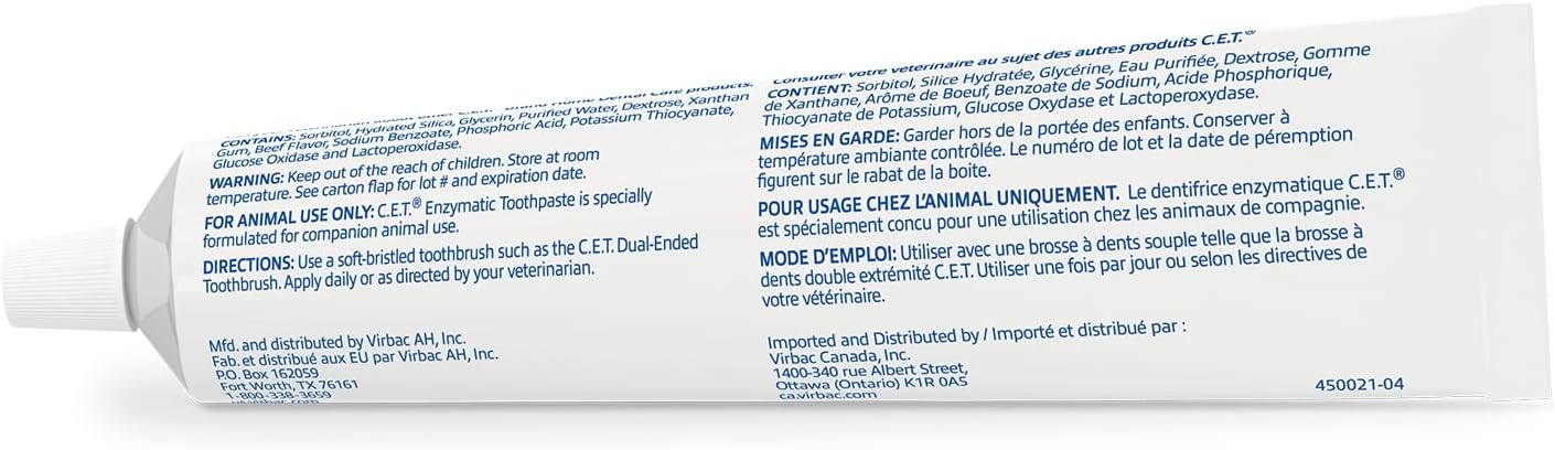 Virbac C.E.T. Enzymatic Toothpaste Eliminates Bad Breath by Removing Plaque and Tartar Buildup Best Pet Dental Care Toothpaste Beef Flavor 2.5 Oz Tube (Color Varies)