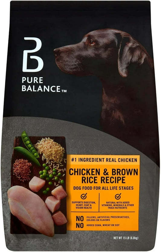 Pure Balance Chicken & Brown Rice Recipe Dry Dog Food, 15 lbs Natural Ingredients, Supports Healthy Digestion & Coat, Balanced Nutrients for Adult Dogs – No Artificial Flavors or Colors