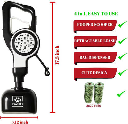 17" Pooper Scooper with Retractable Leash - 4 in 1 Dog Pet Waste Picker with Leash for Outdoor Use and 2x20 Waste Bag Rolls - Poop Scooper for Dogs