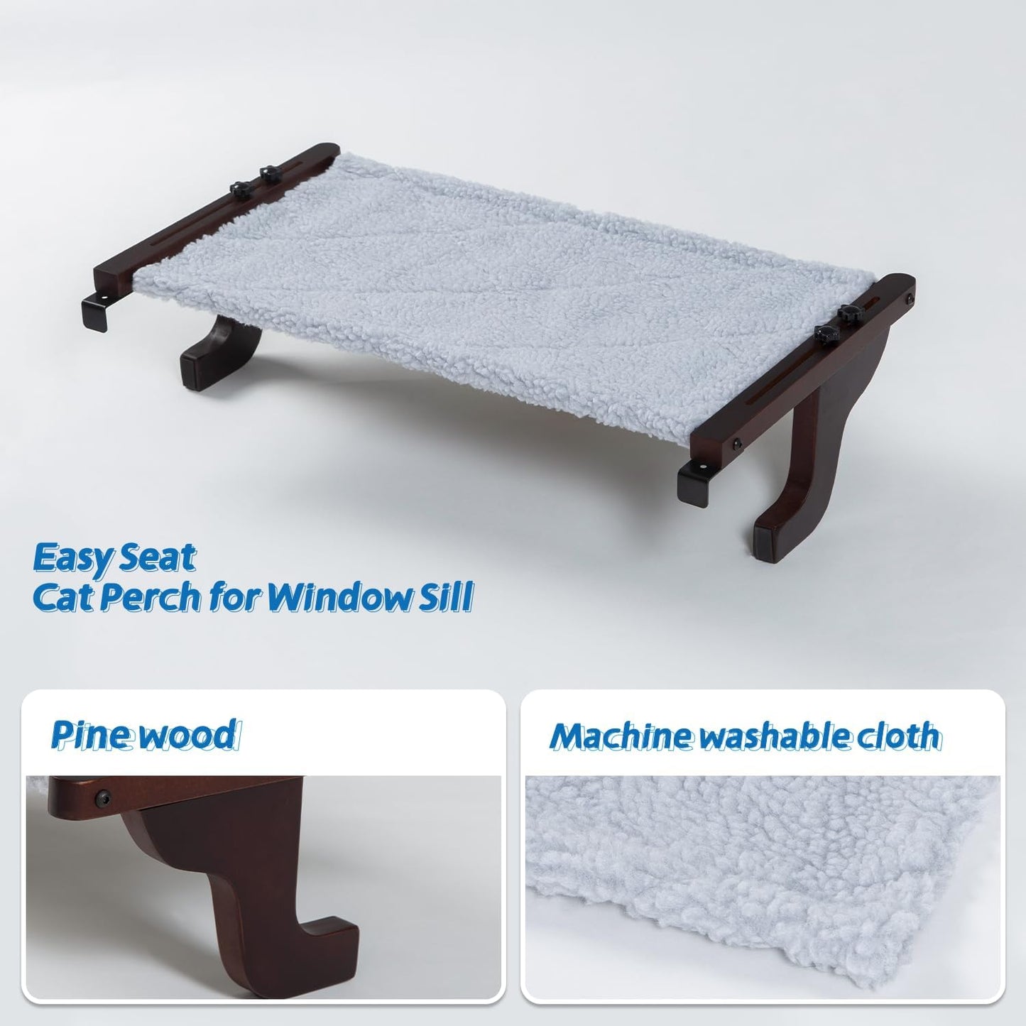 Zakkart Easy Seat Cat Perch for Window Sill - Hammock Design w/Premium Wood & Robust Metal Frame - Cat Window Seat for Large Cats and Kittens (Dark Stained Wood w/Gray Bed, Medium (23''W x 14''D))