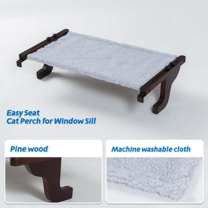 Zakkart Easy Seat Cat Perch for Window Sill - Hammock Design w/Premium Wood & Robust Metal Frame - Cat Window Seat for Large Cats and Kittens (Dark Stained Wood w/Gray Bed, Medium (23''W x 14''D))