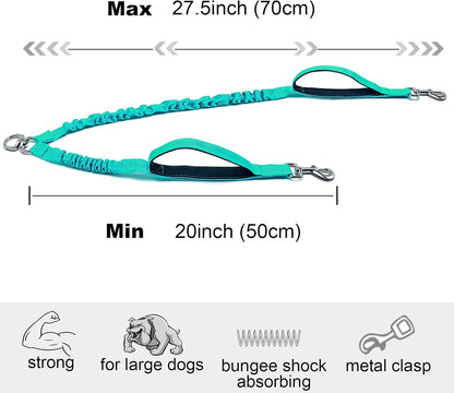 Dual Dog Leash Coupler, Double Control Padded Handles for 2 Dogs, Heavy Duty No Tangle Splitter Dog Leash Extension, for Medium Large Dogs Walking- Turquoise