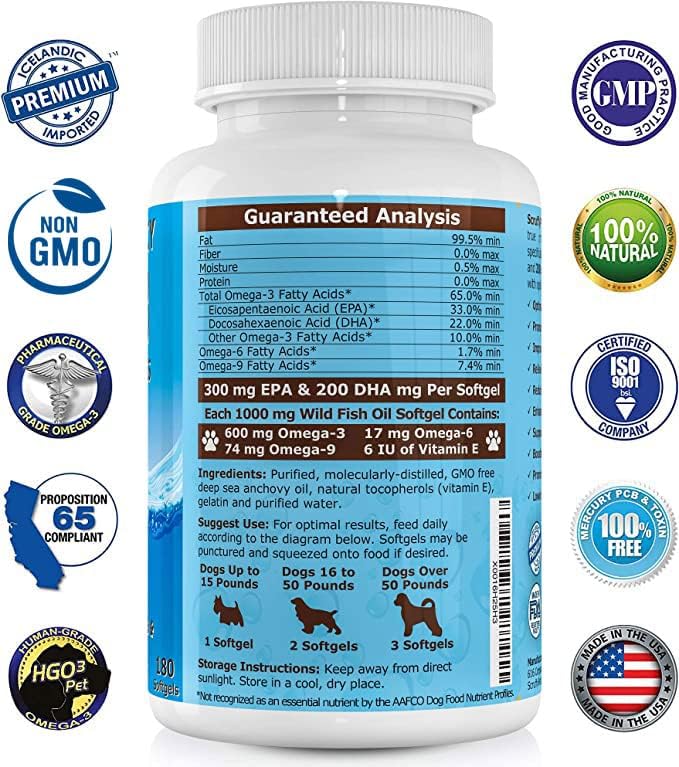 Pure Omega 3 Wild Fish Oil for Dogs with Vitamin E - Highest EPA & DHA Softgels Available (1000mg) 180ct