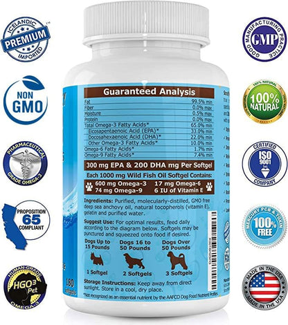 Pure Omega 3 Wild Fish Oil for Dogs with Vitamin E - Highest EPA & DHA Softgels Available (1000mg) 180ct