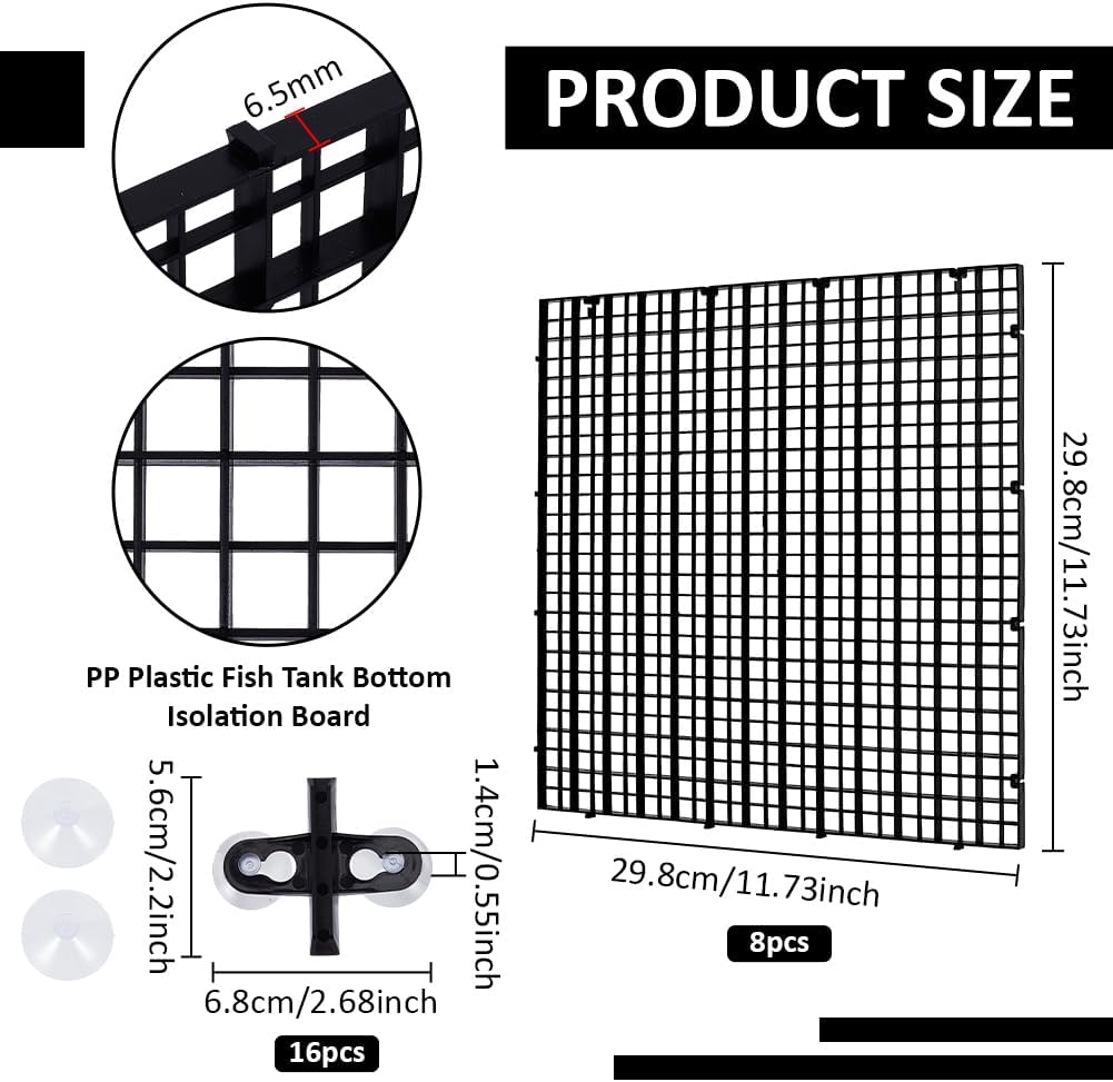 BENECREAT 8 Pcs Plastic Fish Tank Divider with 16 Suction Cups, 11.7x11.7 Inch Aquarium Isolation Grid Board for Separating Different Fish, Black