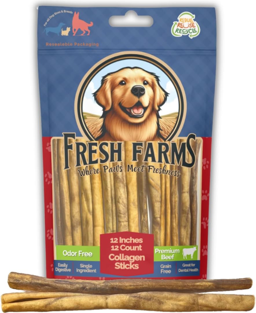 Natural Collagen Sticks for Dogs 12 Pack - 12 Inches Long-Lasting Alternative to Bully Sticks, Rawhide-Free Collagen Chews w/Chondroitin & Glucosamine for Joint Support & Dental Health