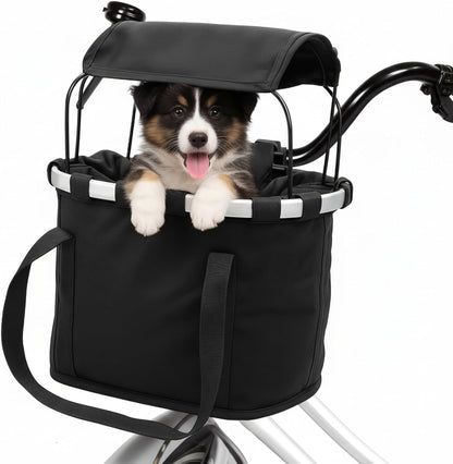 11lbs Dog Bike Basket with Sun Shade Removable Small Pet Cat Dog Carrier Quick Release Bicycle Handlebar Front Basket Detachable Cycling Picnic Bag for Commuting Shopping Camping