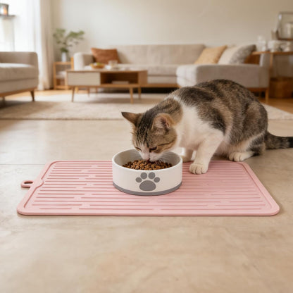 Small Dog & Cat Feeding Combo Set (Includes Non-Slip Mat & Ceramic Bowl) Non-Slip Waterproof Placemat | Dishwasher Safe, Healthy & Easy to Clean | Spill-Resistant