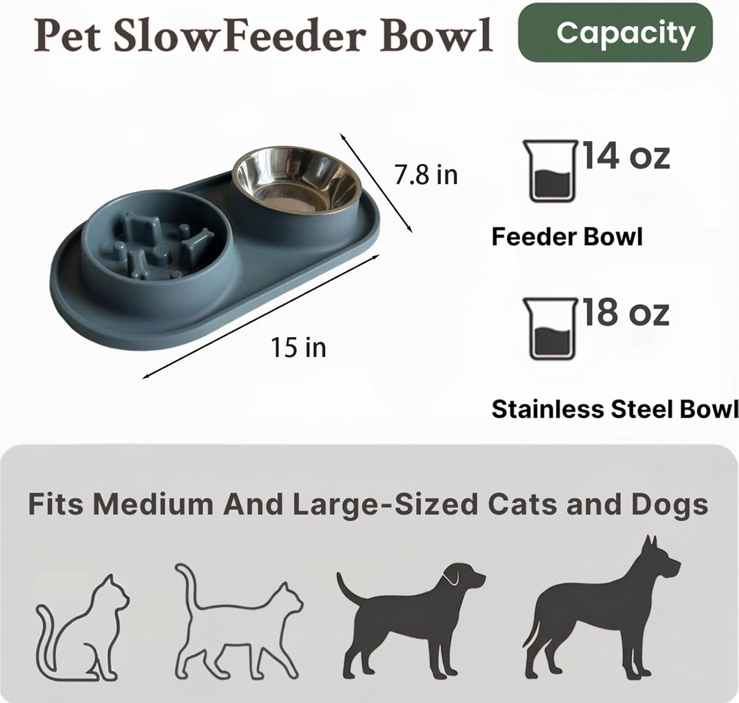 Slow Feeder Dog Bowls 2-in-1 Non-Spill - Anti-Slip Puzzle Feeder Dog Bowl with Stainless Steel Water Bowl, Dual Pet Food & Water Bowl Set for Bloat Prevention for Puppies Cat & Large Dogs