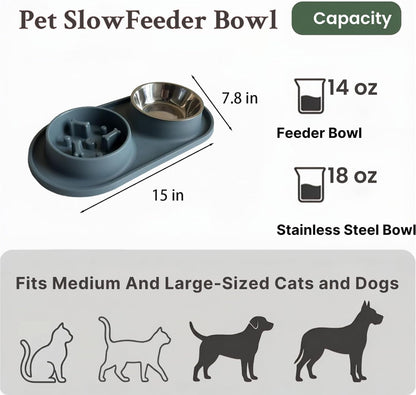 Slow Feeder Dog Bowls 2-in-1 Non-Spill - Anti-Slip Puzzle Feeder Dog Bowl with Stainless Steel Water Bowl, Dual Pet Food & Water Bowl Set for Bloat Prevention for Puppies Cat & Large Dogs