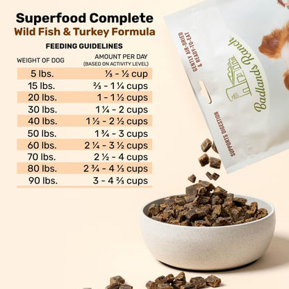 BADLANDS RANCH by Katherine Heigl- Superfood Complete, Air-Dried Adult Dog Food - High Protein, Zero Fillers, Superfood Nutrition (64 Ounce (Pack of 2), Fish & Turkey)