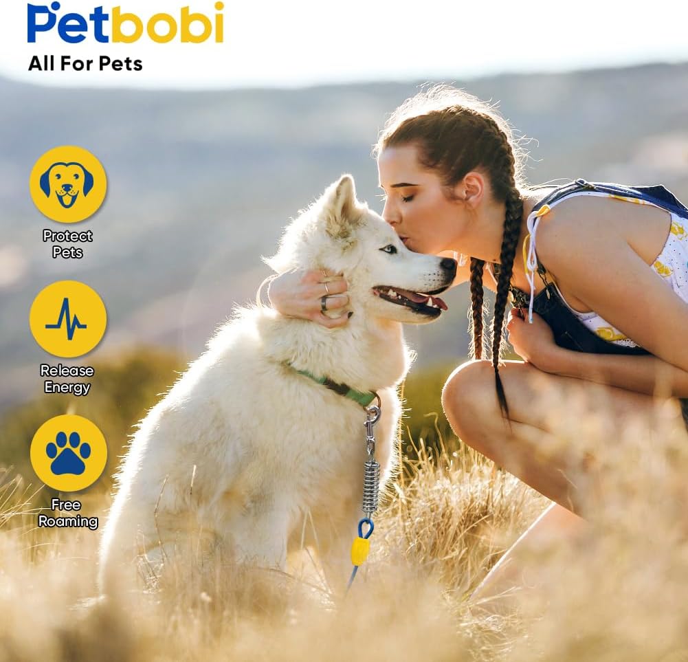 Petbobi Dog Tie-Out Cable and Stake - 30ft Heavy Duty Cable with Spring, No Tangle, 16in Ground Stake, Ideal for Yard, Camping and Beach, Suitable for Small Medium Large Dogs Up to 120 lbs, Blue