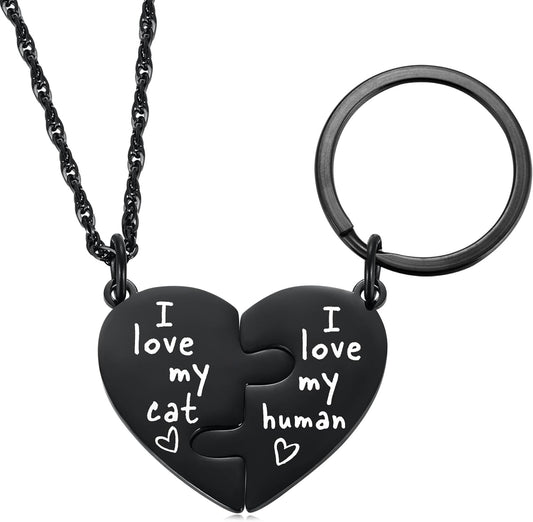 Ralukiia Best Friends Cat Dog Owner Friendship Love Necklace and Collar Charm Gift Set, Cat Dog BFF Necklace for 2, Pet Lover