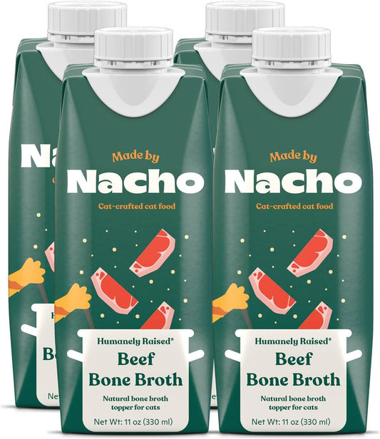 Made by Nacho Bone Broth Cat Food Topper for Hydration and Picky Eaters - Add Protein and Flavor to Your Dry Cat Food – Supports Optimal Nutrition, Digestion, Skin & Coat, 11 oz. (Pack of 4), Beef