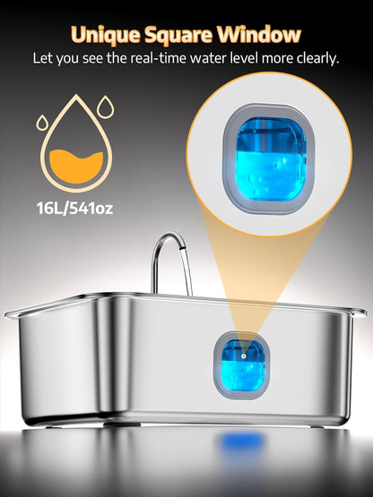 4.2Gal Dog Water Fountain for Large Dogs, 16L Stainless Steel Large Dog Fountain Water Bowl with Deeper & Wider Drinking Tray, Automatic Pet Water Dispenser with Visible Window for Multi-Pets Families