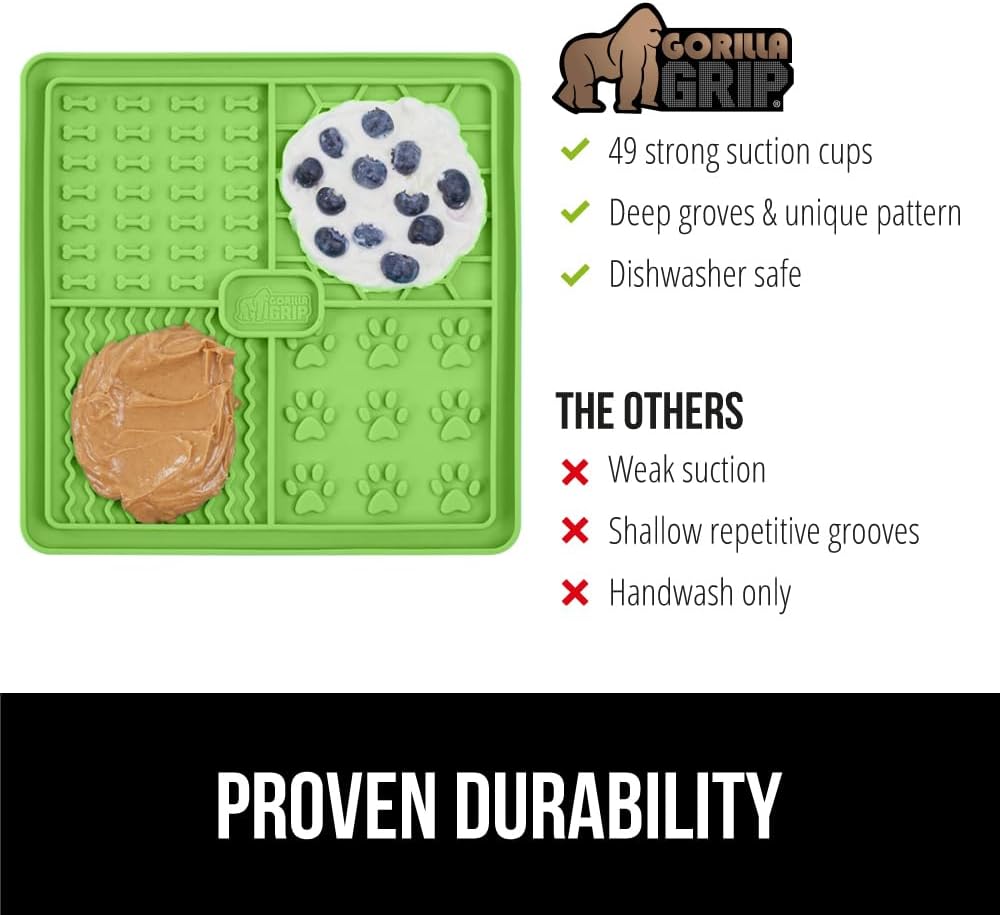GORILLA GRIP BPA Free Silicone Lick Mat for Dogs, 49 Powerful Grip Suction Cups, Dishwasher Freezer Safe Flexible Licking Pad for Dog Baths, Cat Grooming, Nail Trimming, Black Green Orange Blue 4 Pack