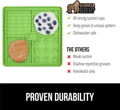 GORILLA GRIP BPA Free Silicone Lick Mat for Dogs, 49 Powerful Grip Suction Cups, Dishwasher Freezer Safe Flexible Licking Pad for Dog Baths, Cat Grooming, Nail Trimming, Black Green Orange Blue 4 Pack