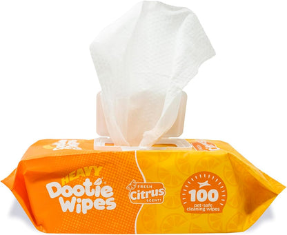 HEAVY Dootie Wipes - Convenient Durable Dog Wipes for Paws, Butt with Very Mild Pleasant Citrus Scent, 100 Count - Puppy Essentials Pet wipes, Dog Wipes Cleaning and Deodorizing. Made with Bamboo.