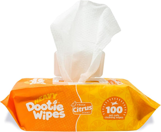 HEAVY Dootie Wipes - Convenient Durable Dog Wipes for Paws, Butt with Very Mild Pleasant Citrus Scent, 100 Count - Puppy Essentials Pet wipes, Dog Wipes Cleaning and Deodorizing. Made with Bamboo.