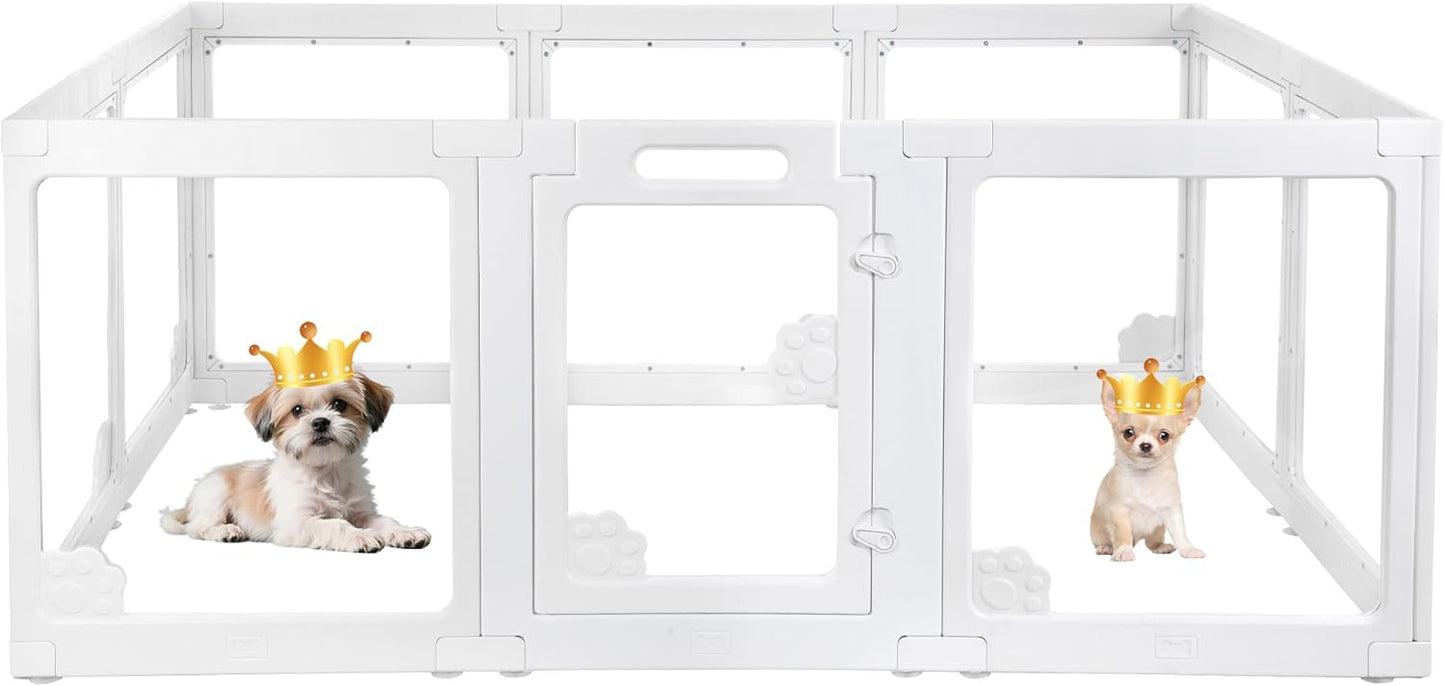 WICHEMI Acrylic Dog Playpen Indoor 10 Panels, Dog Play Pen Indoors 23.6" H, Puppy Play Pen with Double Door Lock, Small Animal Playpen with Suction Cup, White