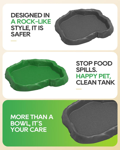 2Pcs Snail Food and Water Bowl, Reptile Water Dish and Food Bowl, Natural Design Terrarium Feeding Dish for Garden Snails, Hermit Crab, Lizard, Frog, Gecko (Black)