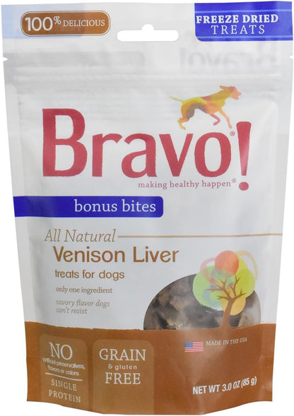 Bravo! Bonus Bites Single Ingredient Freeze Dried Raw Dog Treats, Venison Liver, 3 Ounce, High Protein, Grain Free, Gluten Free