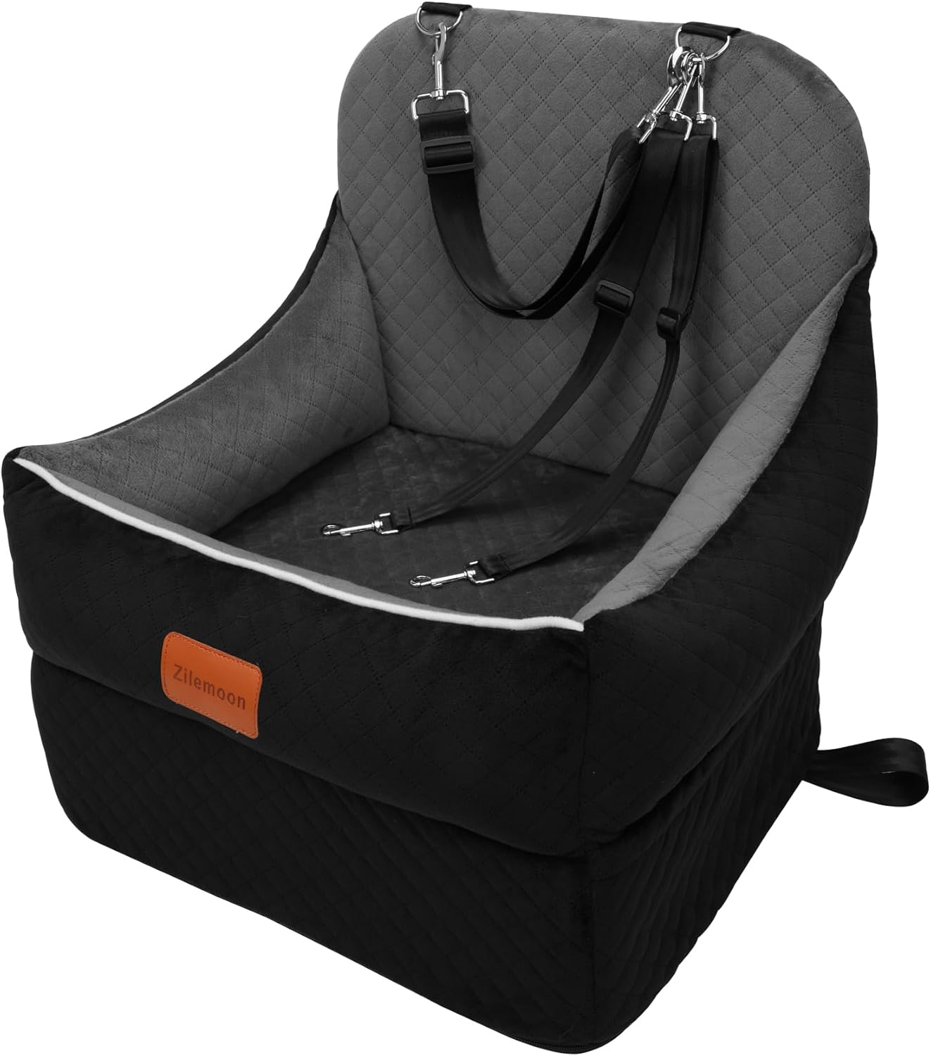 Car Dog Booster Seat,Interior Height 7 Inches Elevated for Small Dog up to 35 lbs,Pet Car Travel Safety Seat with 2 Safety Leashes,Storage Pockets,Non-Slip Bottom(Lookout-Black Outside Grey Inside)